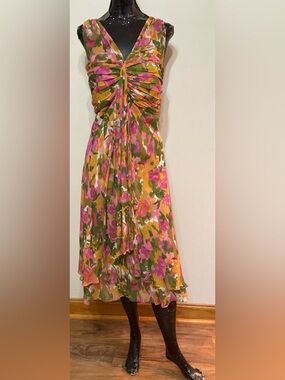 Floral Ruched V-Neck Midi Dress in Pink & Green. Item# TSd24